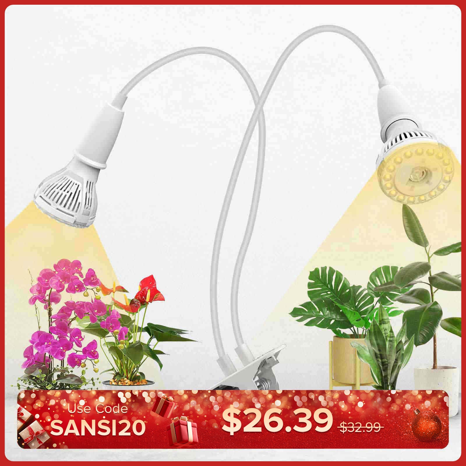 Luz De Crecimiento LED 8W Para Plantas - Espectro Completo, Cuello De Cisne Giratorio, Casquillo E27