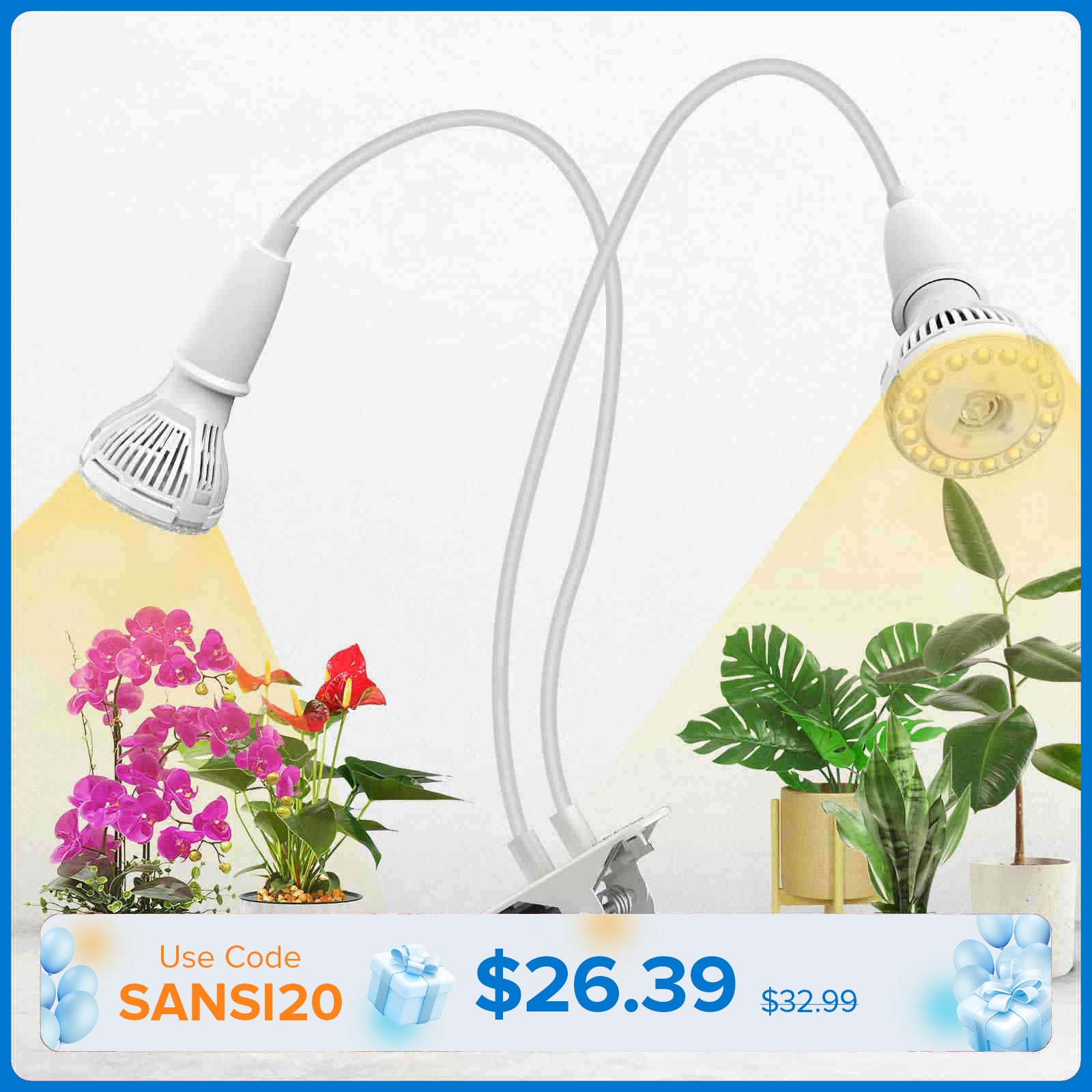 20W Adjustable 2-Head Clip-on LED Grow Light