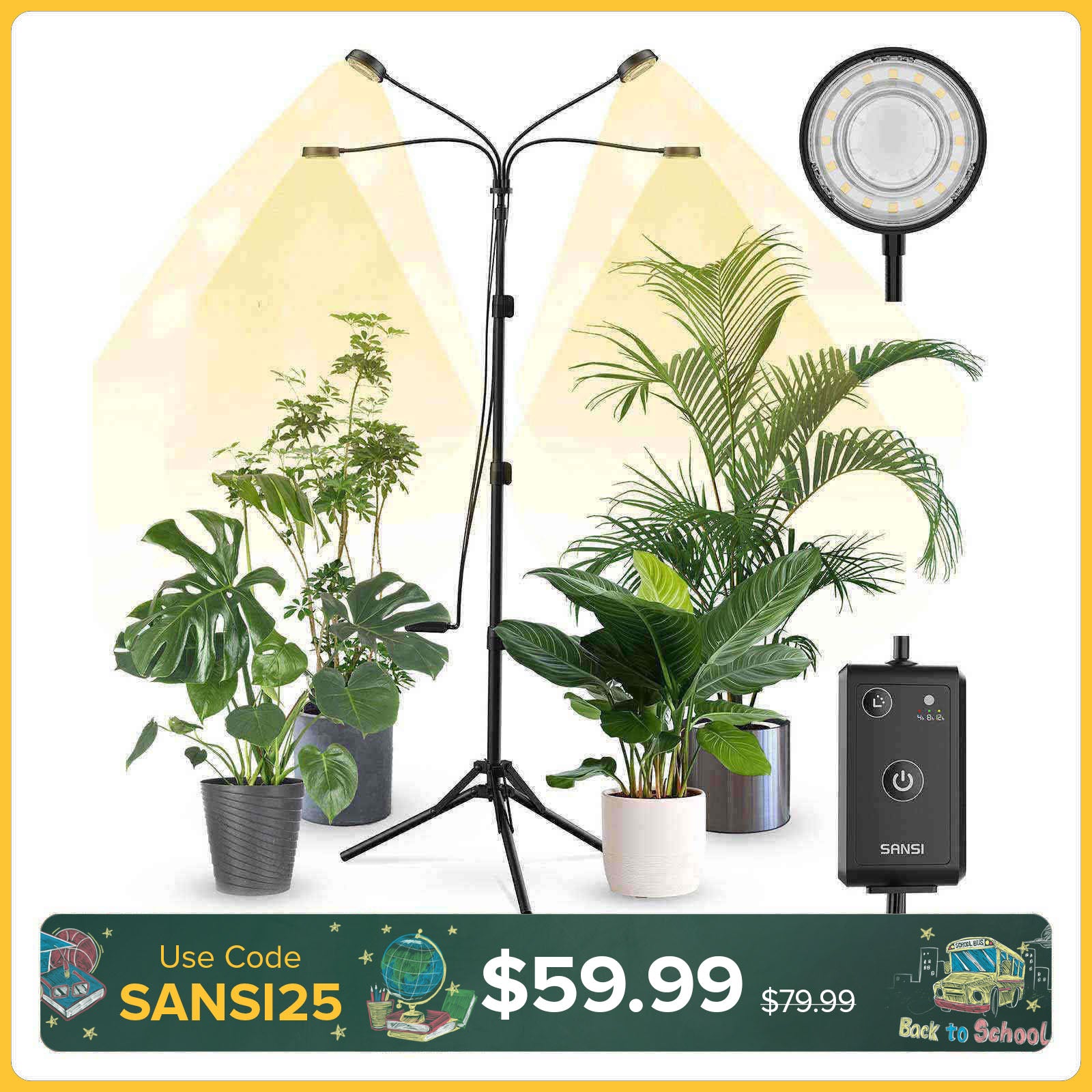 SANSI 40W 4-Head Adjustable Tripod Stand Grow Light with Remote Control