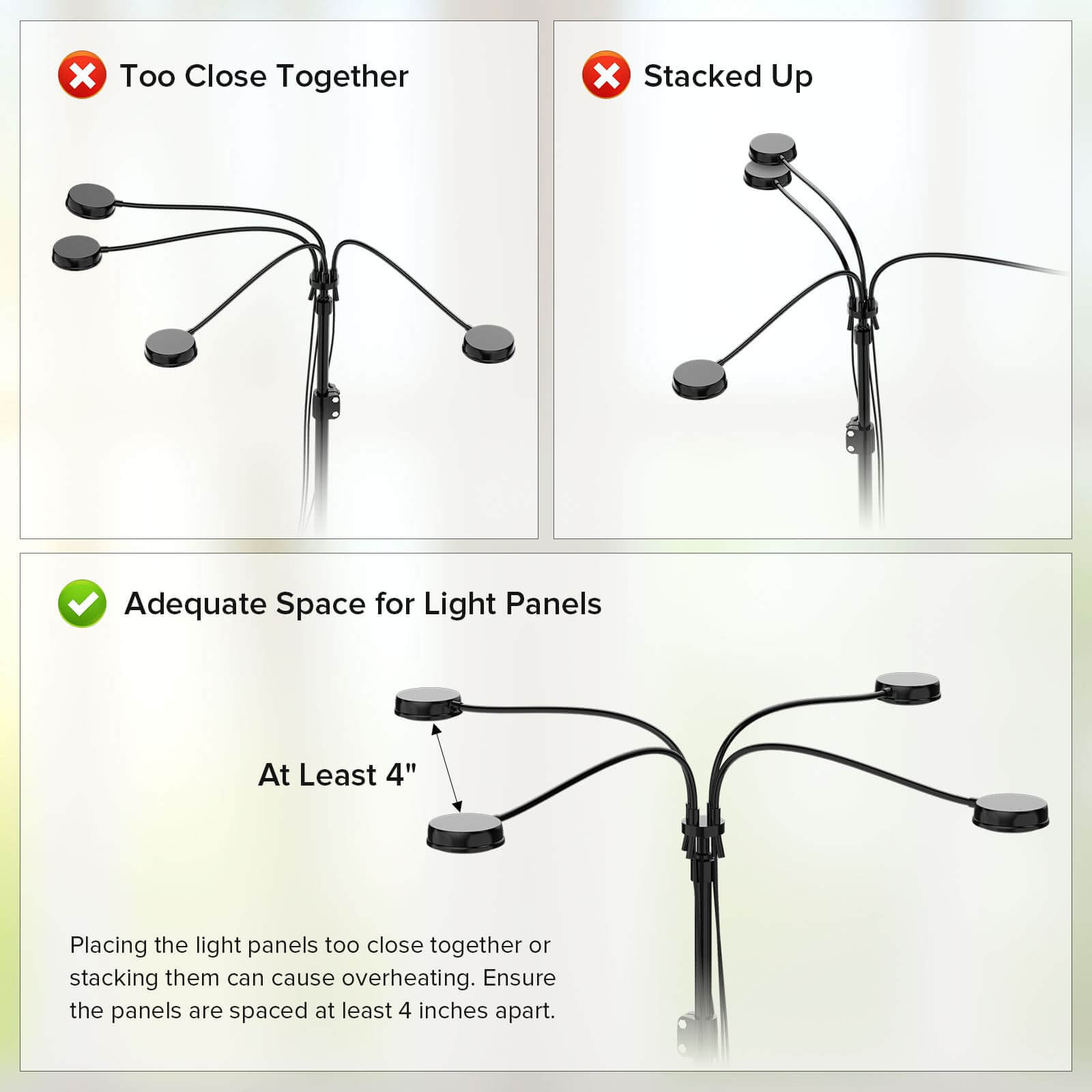 40W 4-Head Adjustable Tripod Stand Grow Light with Remote Control,placing the light panels too close together or stacking them can cause overheating. Ensure the panels are spaced at least 4 inches apart.