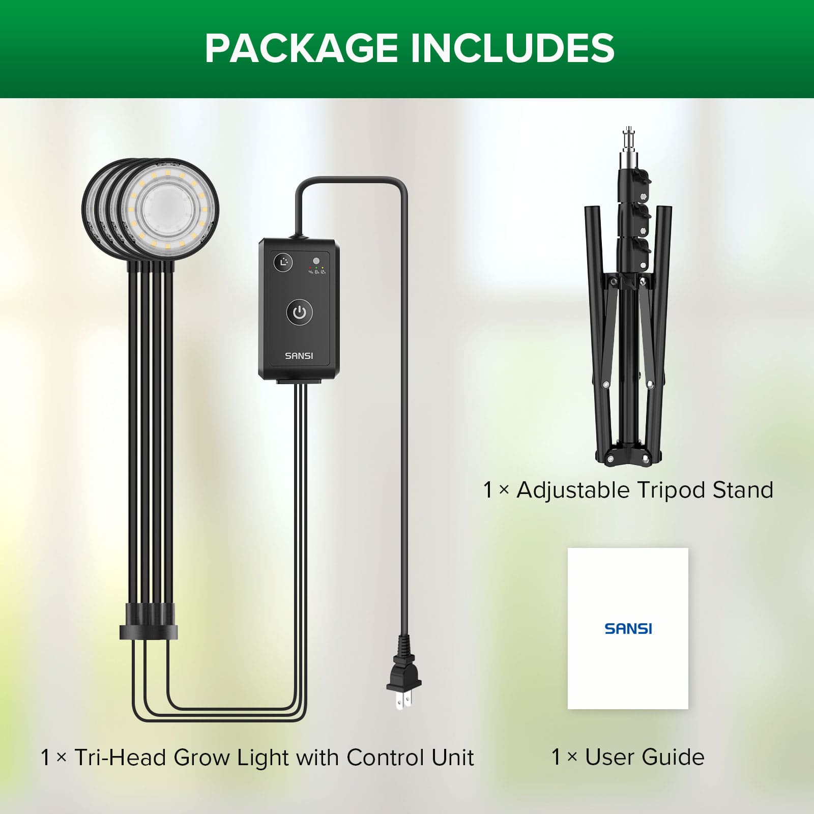 40W 4-Head Adjustable Tripod Stand Grow Light with Remote Control,package includes 1x tri-head grow light with control unit, 1x adjustable tripod stand and 1x user guide.