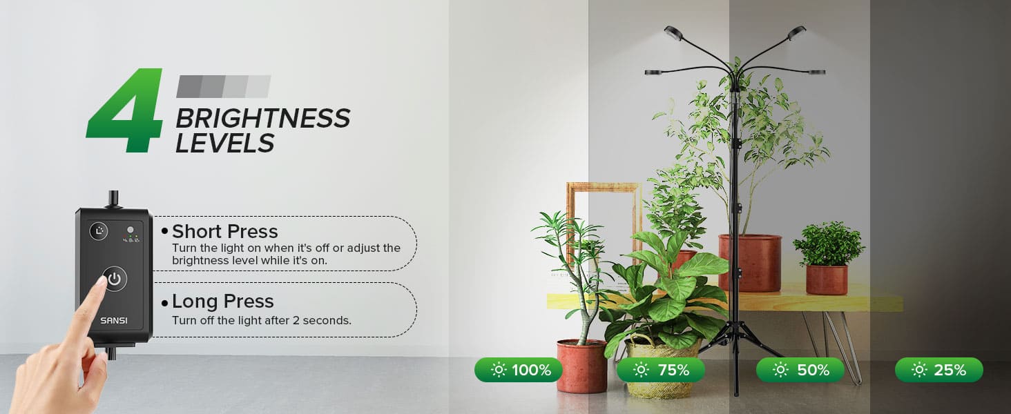 40W 4-Head Adjustable Tripod Stand Grow Light with Remote Control,4-brightness levels.Short Press: Turn the light on when it's off or adjust the brightness level while it's on. Long Press: Turn off the light after 2 seconds.