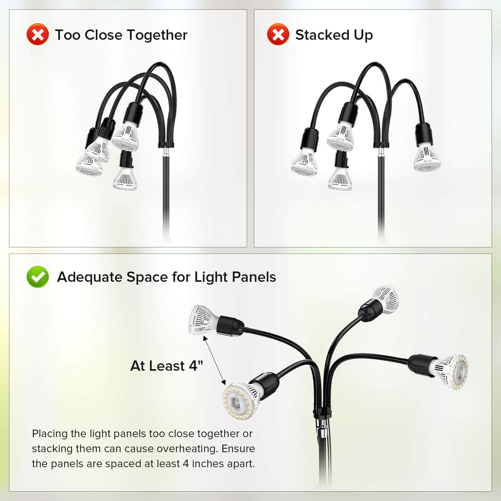 Usage Guidelines for 40W Adjustable Tripod Stand Remote Control Grow Light: placing the light panels too close together or stacking them can cause overheating. Ensure the panels are spaced at least 4 inches apart.