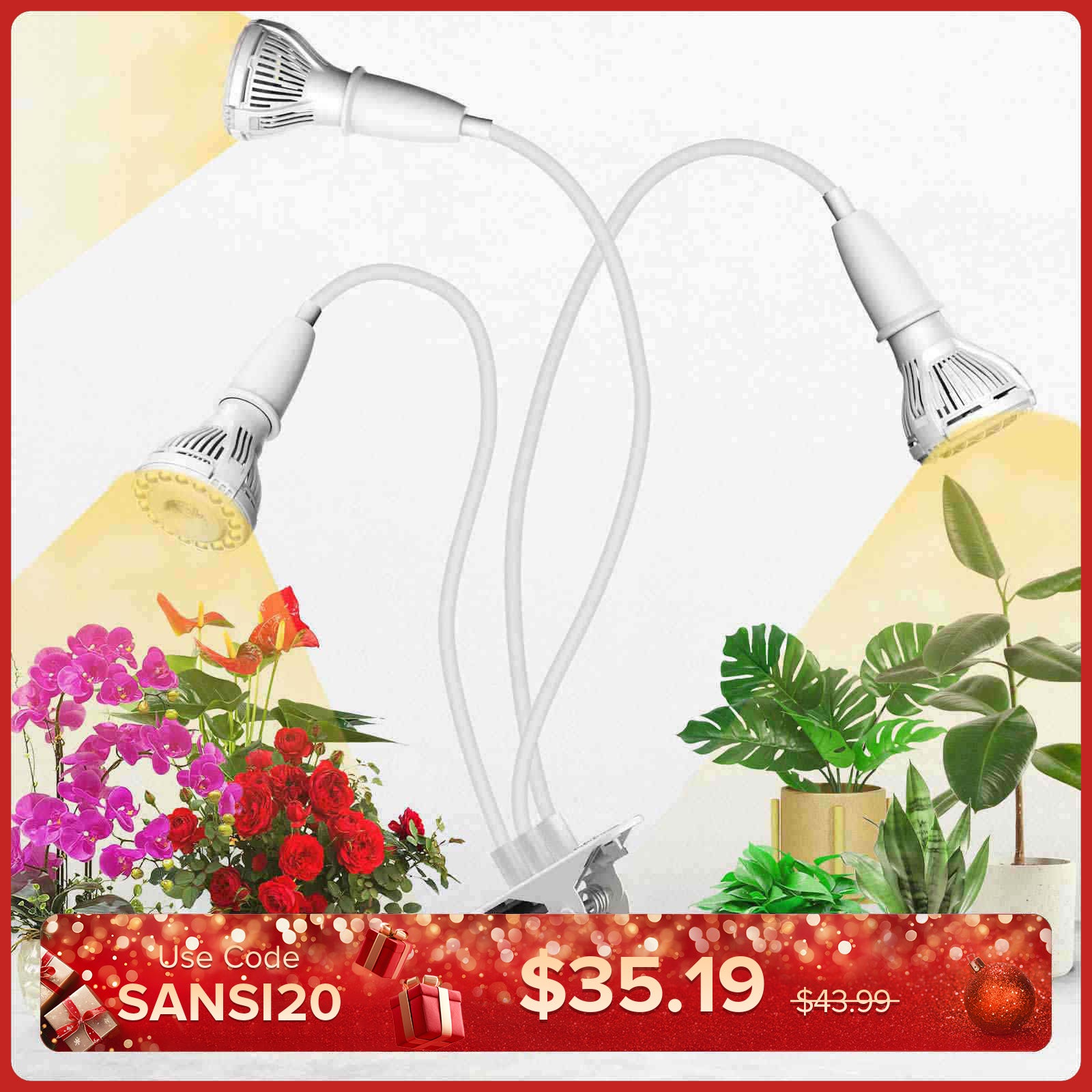 30 W verstellbares 3-Kopf-LED-Pflanzenlicht zum Anklemmen (NUR USA/Kanada)