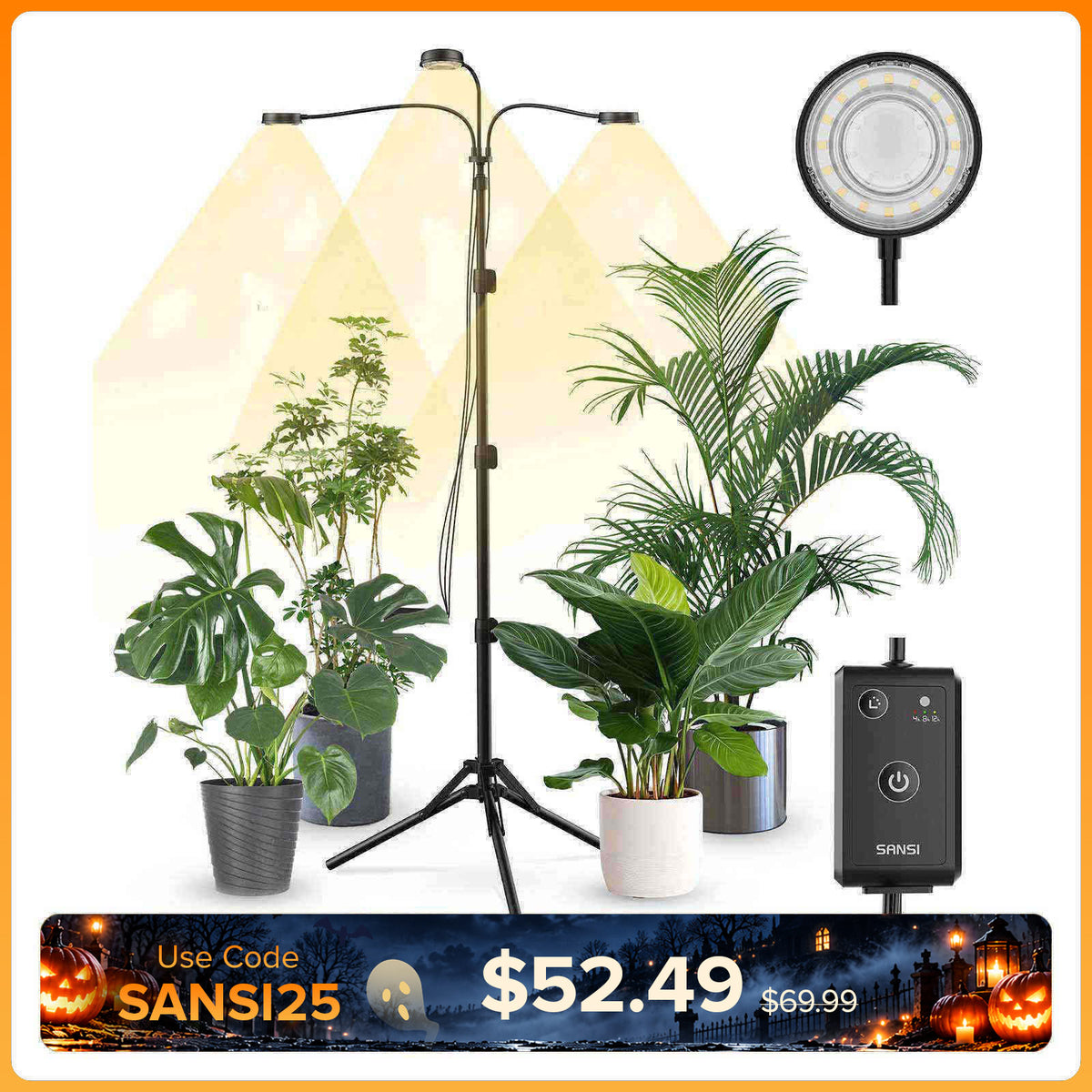 SANSI 30W 3-Kopf-Pflanzenlampe mit verstellbarem Stativ und Fernbedienung