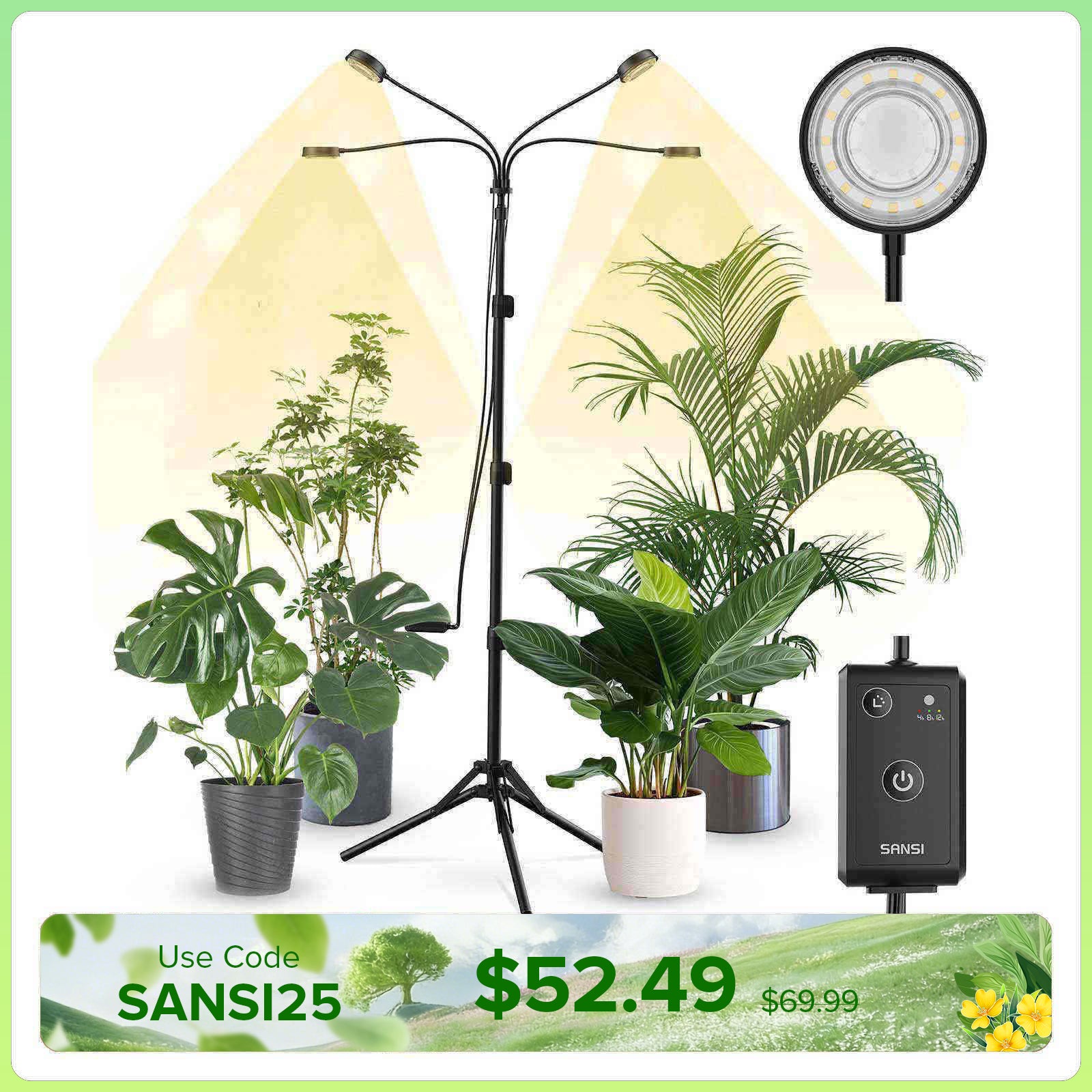 SANSI 40W 4-Head Adjustable Tripod Stand Grow Light with Remote Control