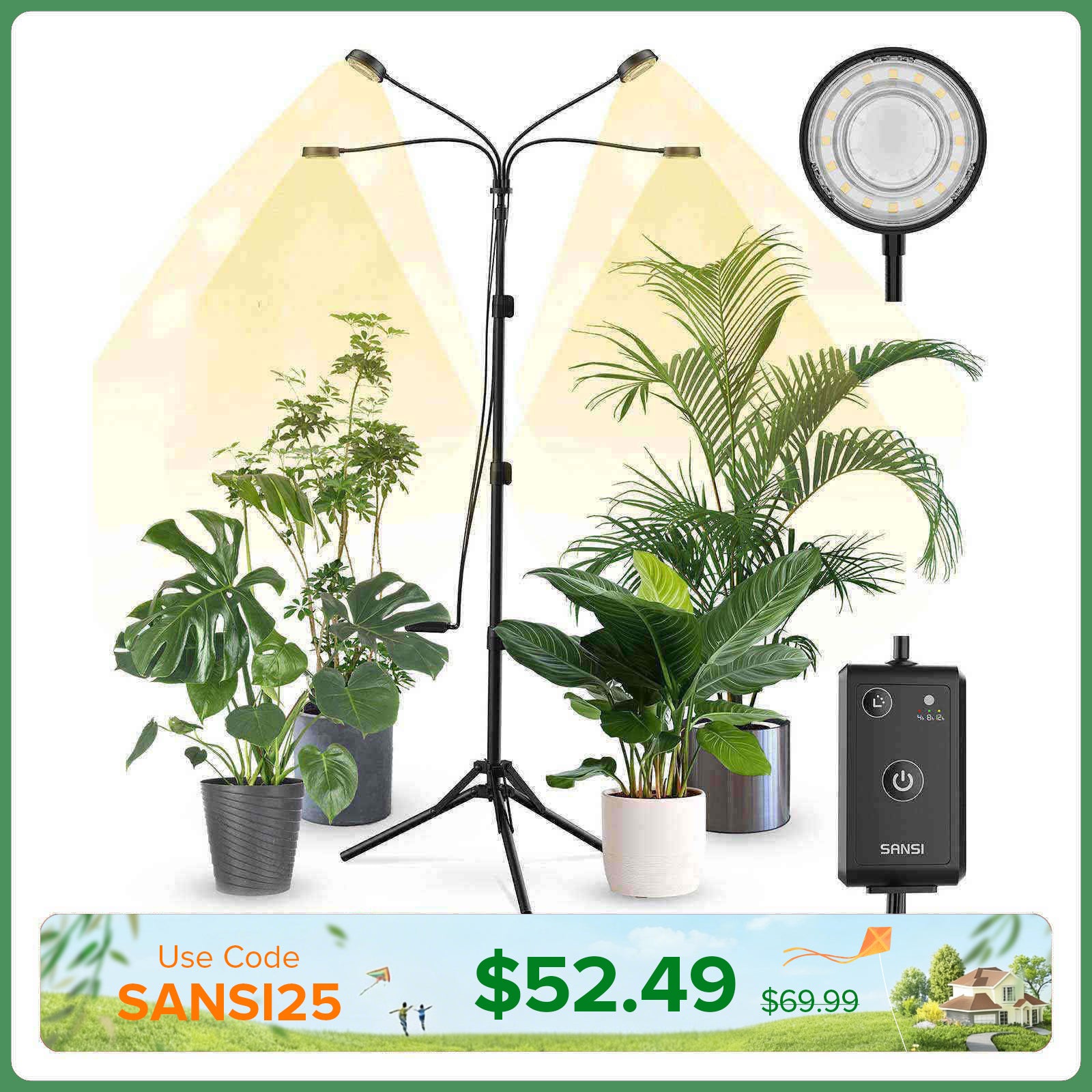 Lampada da coltivazione SANSI da 40 W con treppiede regolabile a 4 teste e telecomando