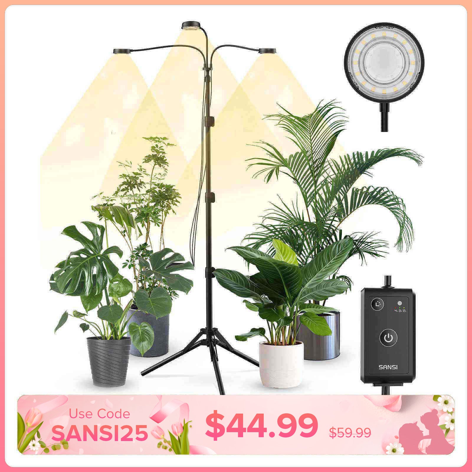 SANSI 30W 3-Kopf-Pflanzenlampe mit verstellbarem Stativ und Fernbedienung