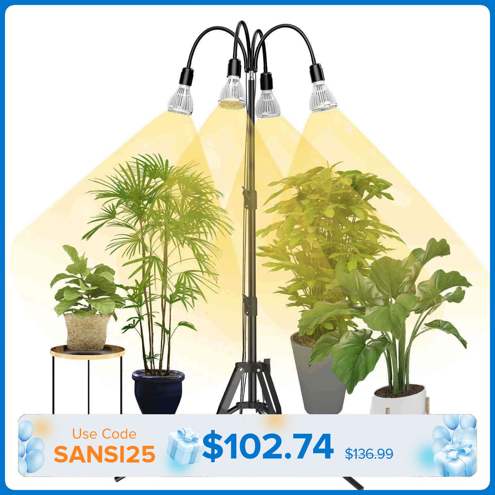 SANSI Upgraded 120W Multi-head Grow Light with Adjustable Tripod Stand