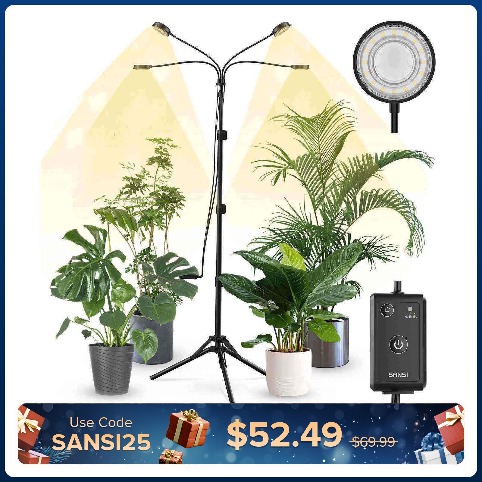 SANSI 40W 4-Head Adjustable Tripod Stand Grow Light with Remote Control