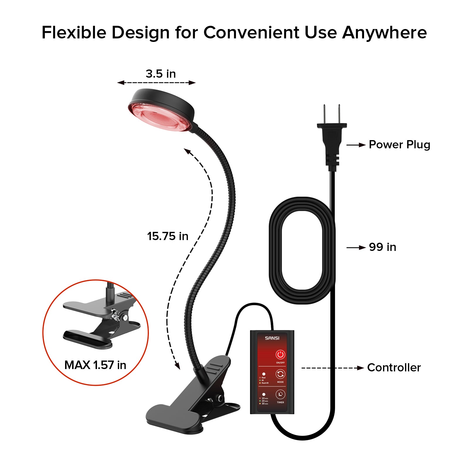 SANSI 12W Adjustable 1-Head Clip-on Red Therapy Light for Body Face (US ONLY)