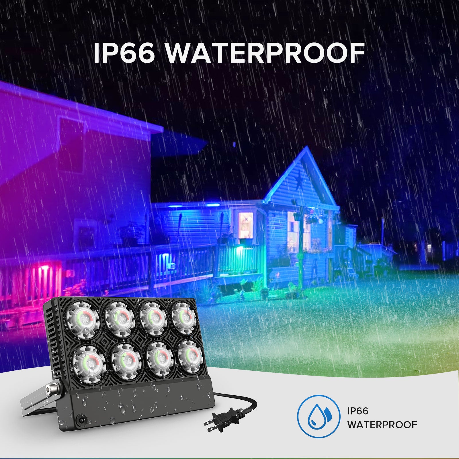 50W RGB LED Flood Light (US, CA ONLY) is IP66 waterproof,withstand rain and storm.