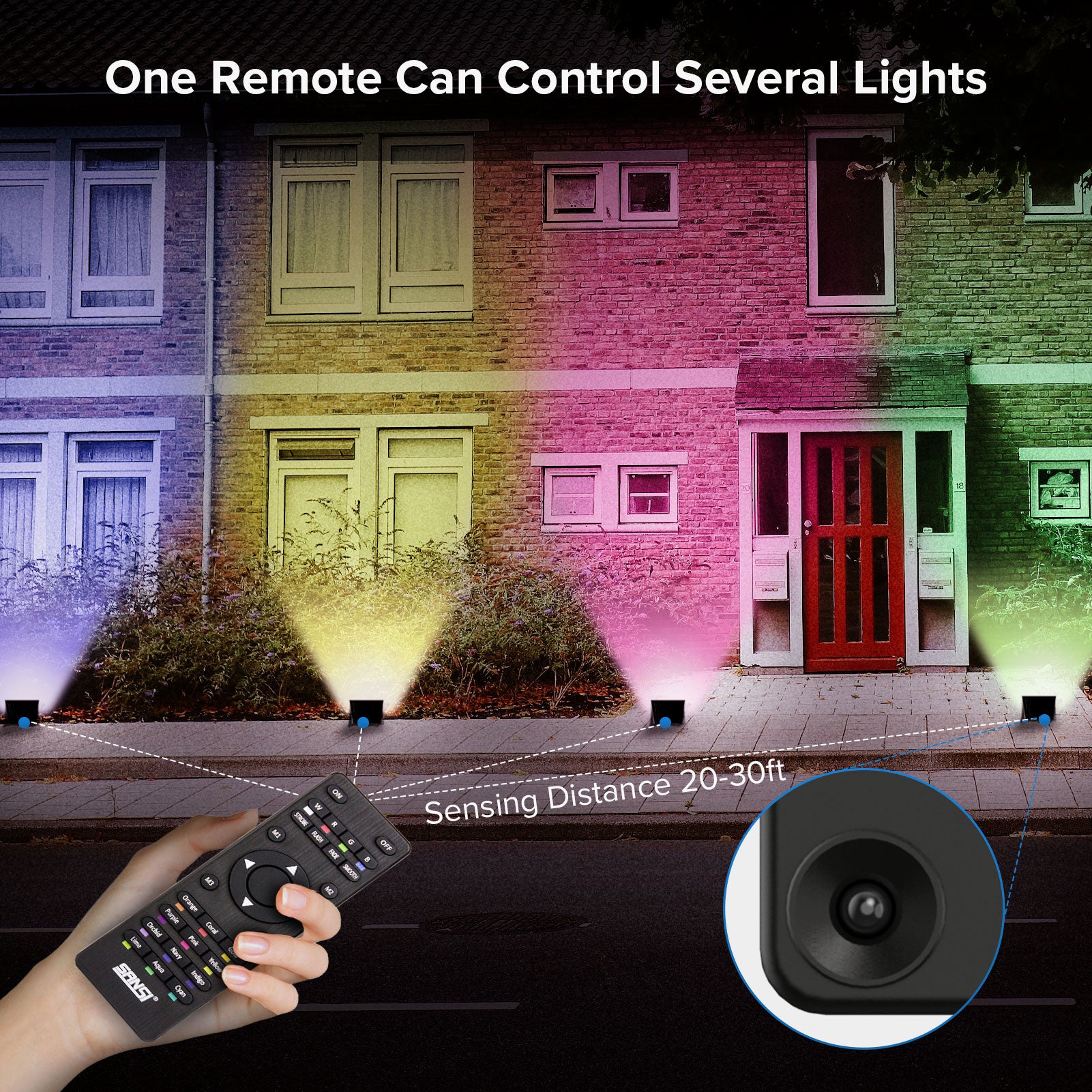 50W RGB LED Flood Light (US, CA ONLY) has group control function,one remote can control several lights,Sensing Distance 20-30ft