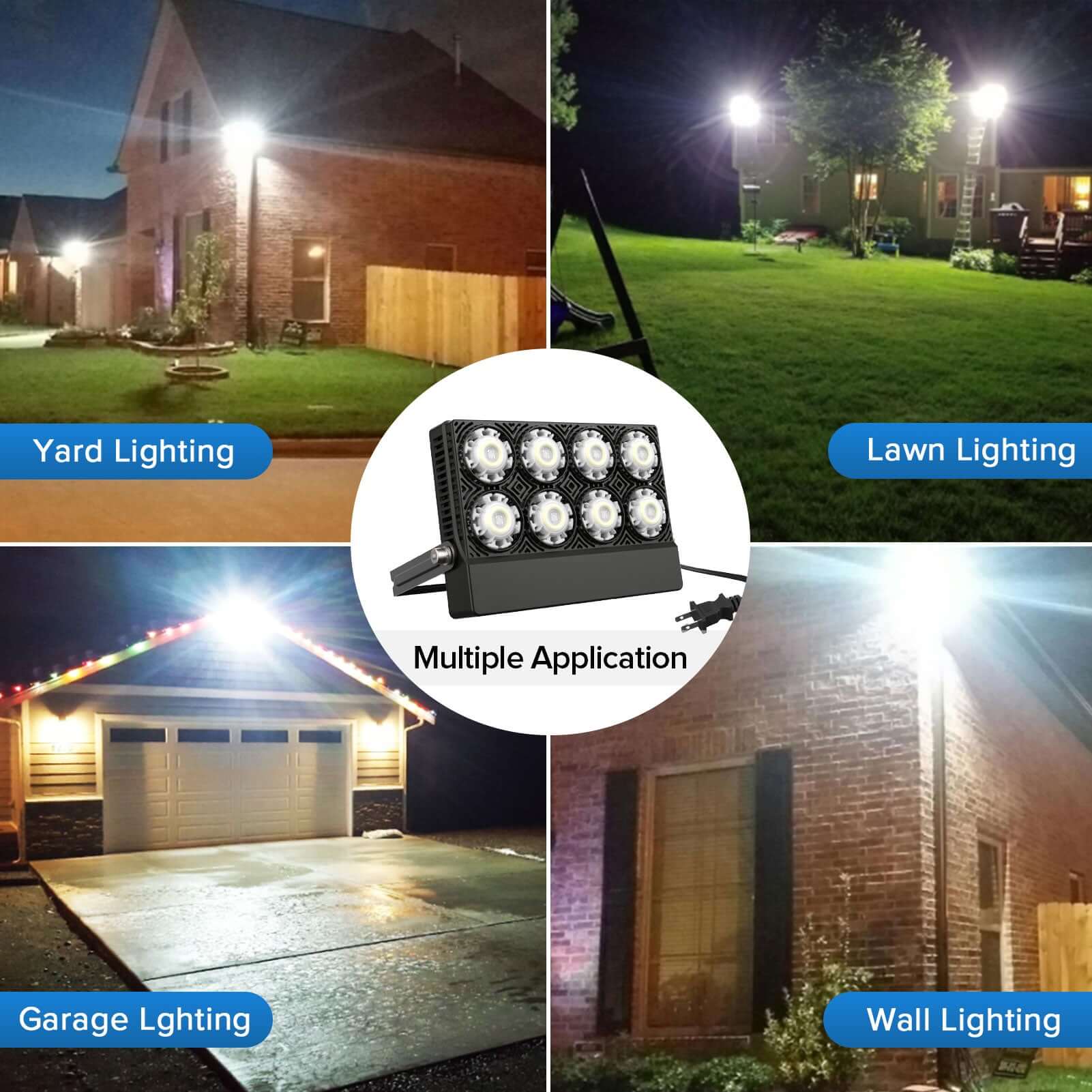 Multiple application for 50W LED Flood Light (US ONLY).Yard lighting,lawn lighting,garage lighting and wall lighting.