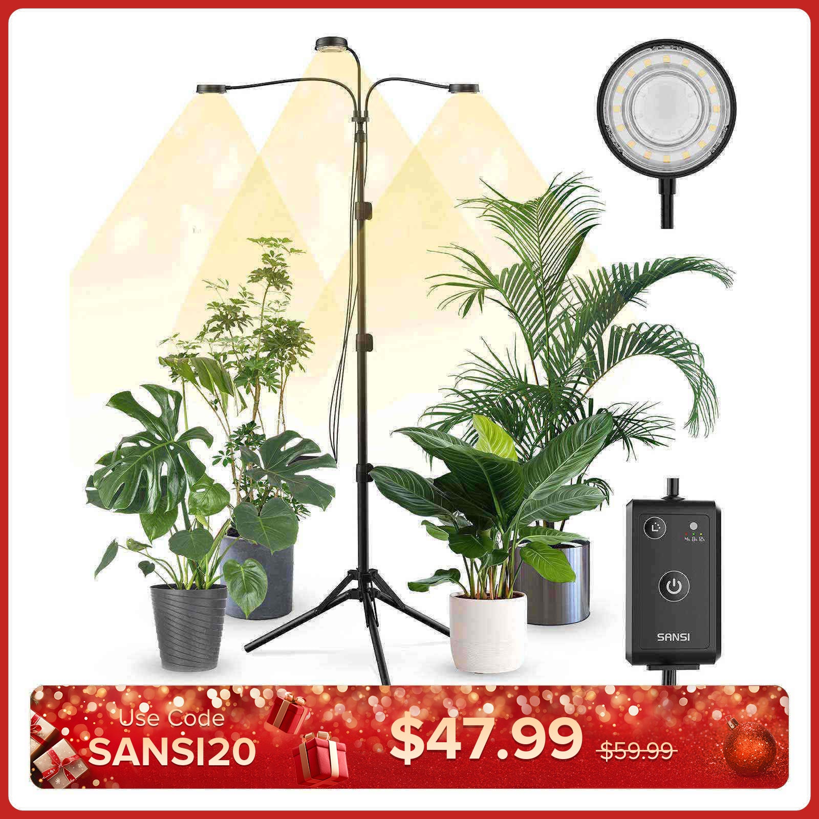 30 W Pflanzenlampe mit 3 verstellbaren Stativköpfen und Fernbedienung (NUR USA)