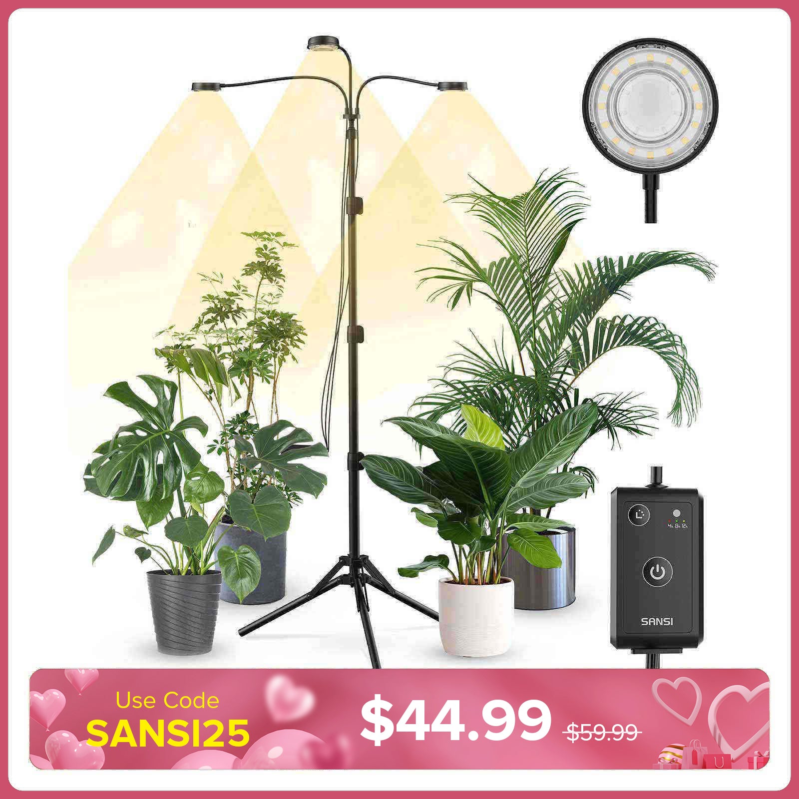 SANSI 30W 3-Head Adjustable Tripod Stand Grow Light with Remote Control