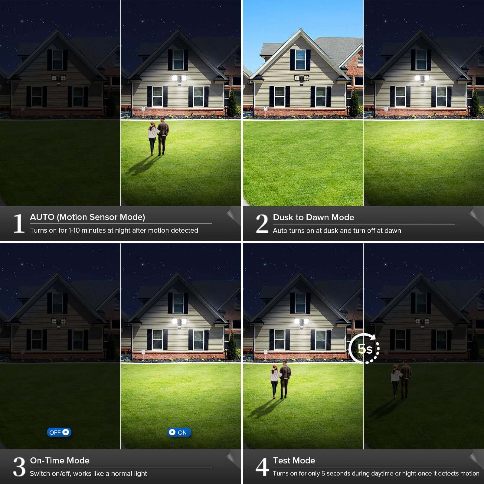 Square Upgraded 54W Led Security Light (Dusk to Dawn&Motion Sensor) has 4 modes, motion sensor mode, dusk to dawn mode, on-time mode and test mode