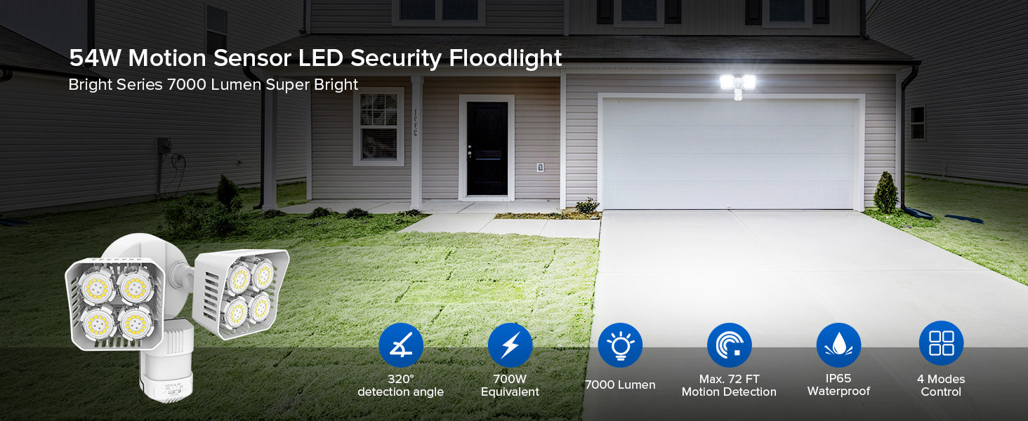 Bright Series 7000 Lumen Super Bright,54W Motion Sensor LED Security Floodlight,320° detection angle、Max. 72 FT Motion Detection、IP65 Waterproof and 4 Modes Control.