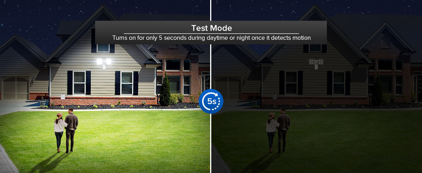 Test Mode:Turns on for only 5 seconds during daytime or night once it detects motion.