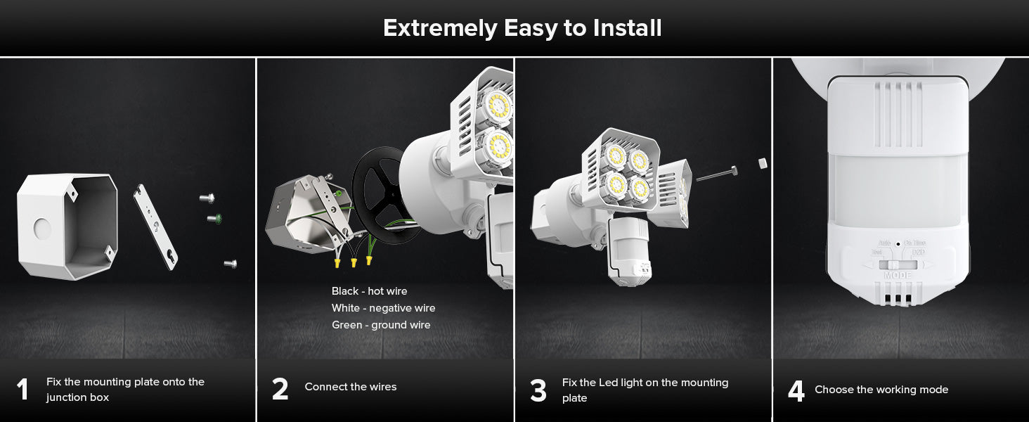 Extremely easy to install the security light:1.fix the mounting plate onto the junction box. 2.connect the wires. 3.fix the Led light on the mounting plate. 4.choose the working mode.