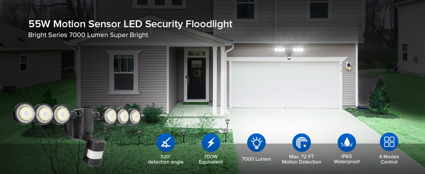 55W Motion Sensor LED Security Floodlight.Bright Series 7000 Lumen Super Bright,color black.