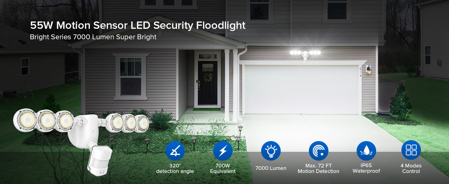 55W Motion Sensor LED Security Floodlight.Bright Series 7000 Lumen Super Bright,color white.
