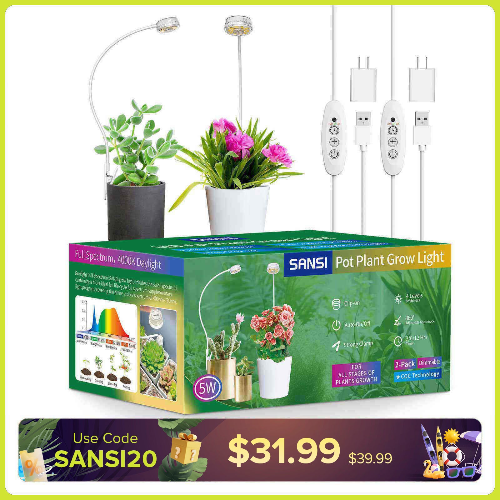 Sansi 5W Pot Clip LED Grow Light (US) for Indoor Growing& Home