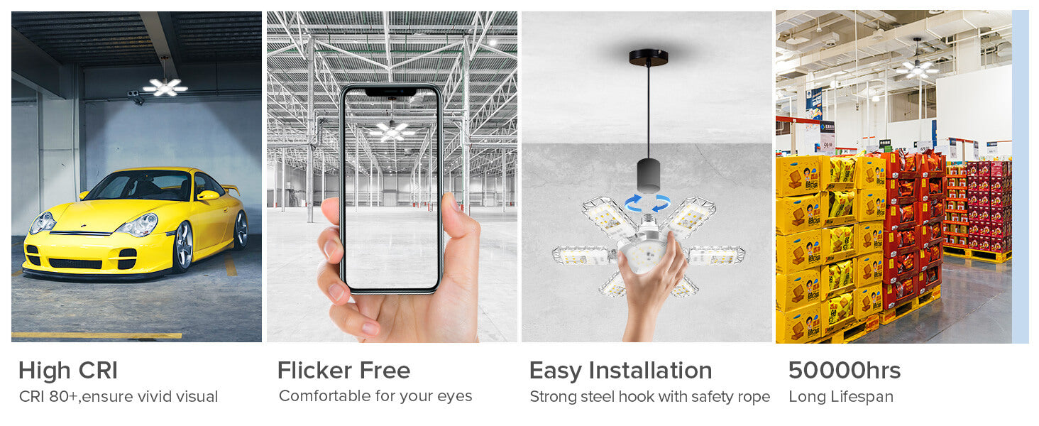60W Panels Garage Light has high CRI, Flicker fee, easy installation and 50000hrs lifespan