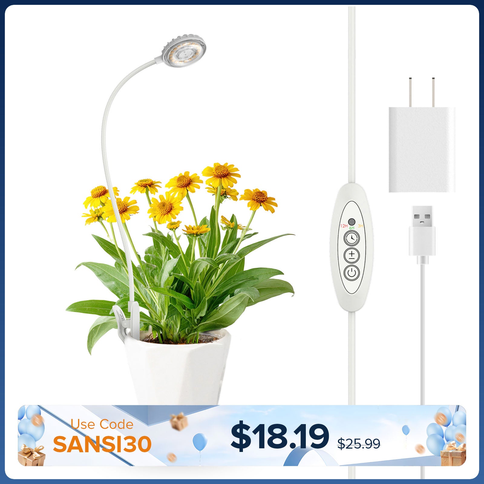 SANSI 7W LED-Pflanzenlampe mit Topfclip (NUR USA)
