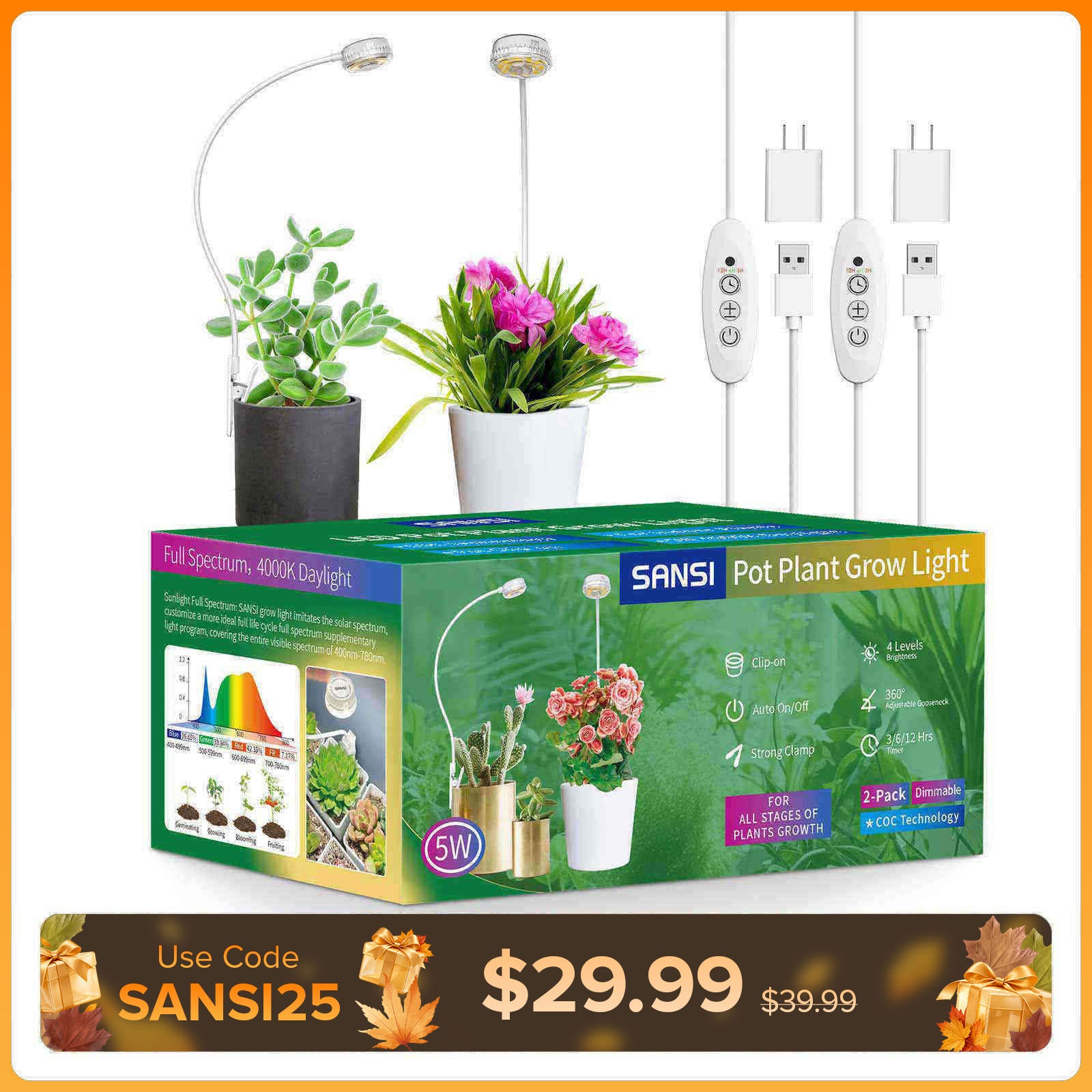 Sansi 5W Pot Clip LED Grow Light (US) for Indoor Growing& Home