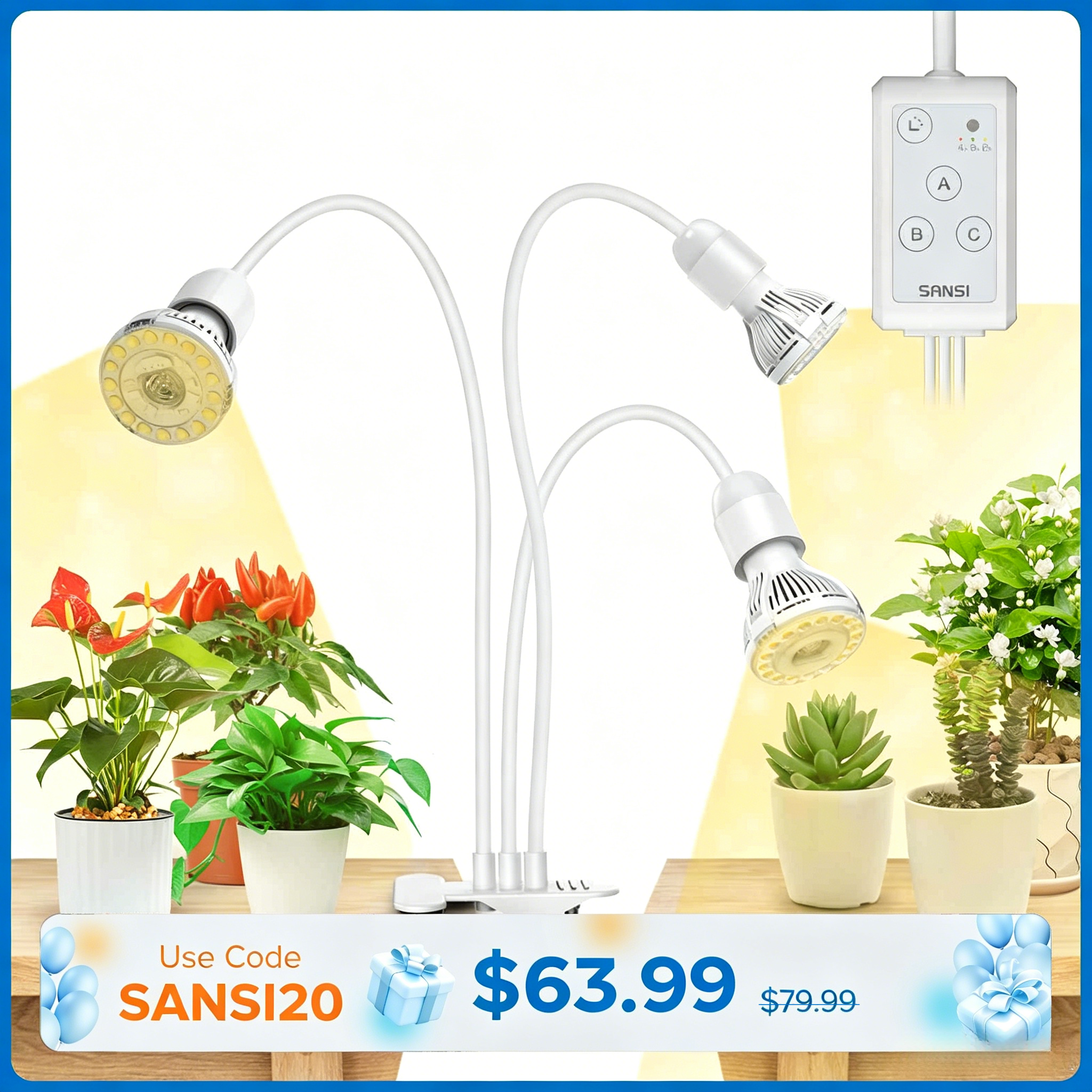 SANSI 30W Adjustable 3-Head Clip-on LED Grow Light with Timer-White