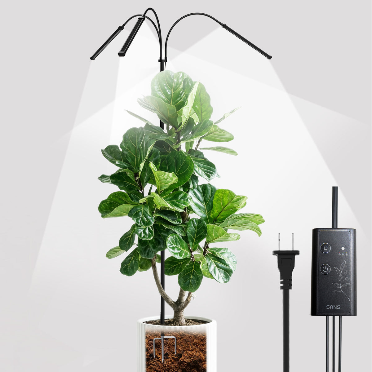 SANSI 70W height adjustable LED grow light illuminating a large indoor plant with a stylish design and a power switch.