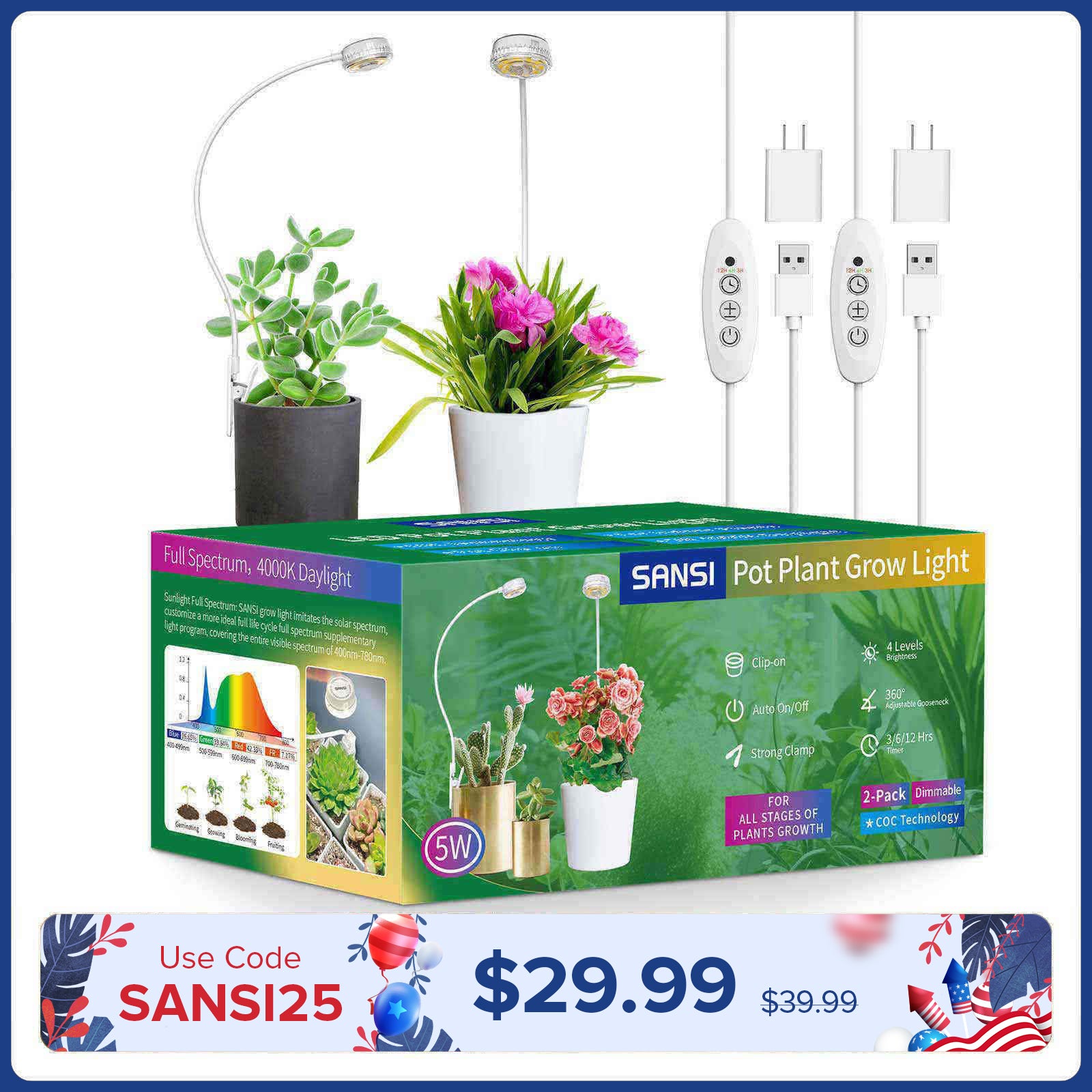 Sansi 5W Pot Clip LED Grow Light (US) for Indoor Growing& Home