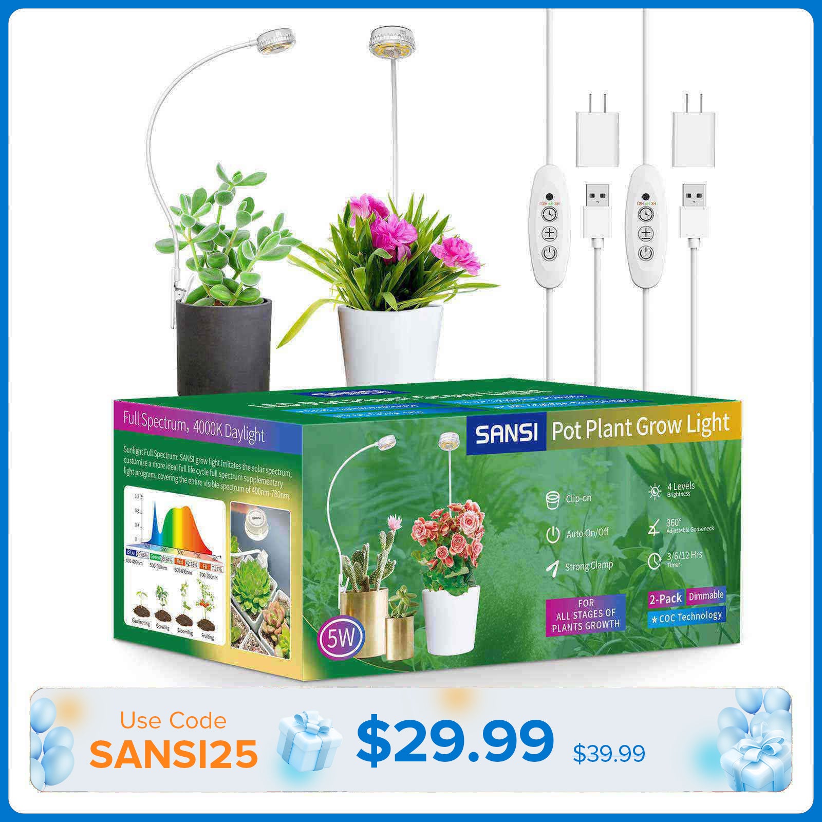 Sansi 5W Pot Clip LED Grow Light (US) for Indoor Growing& Home