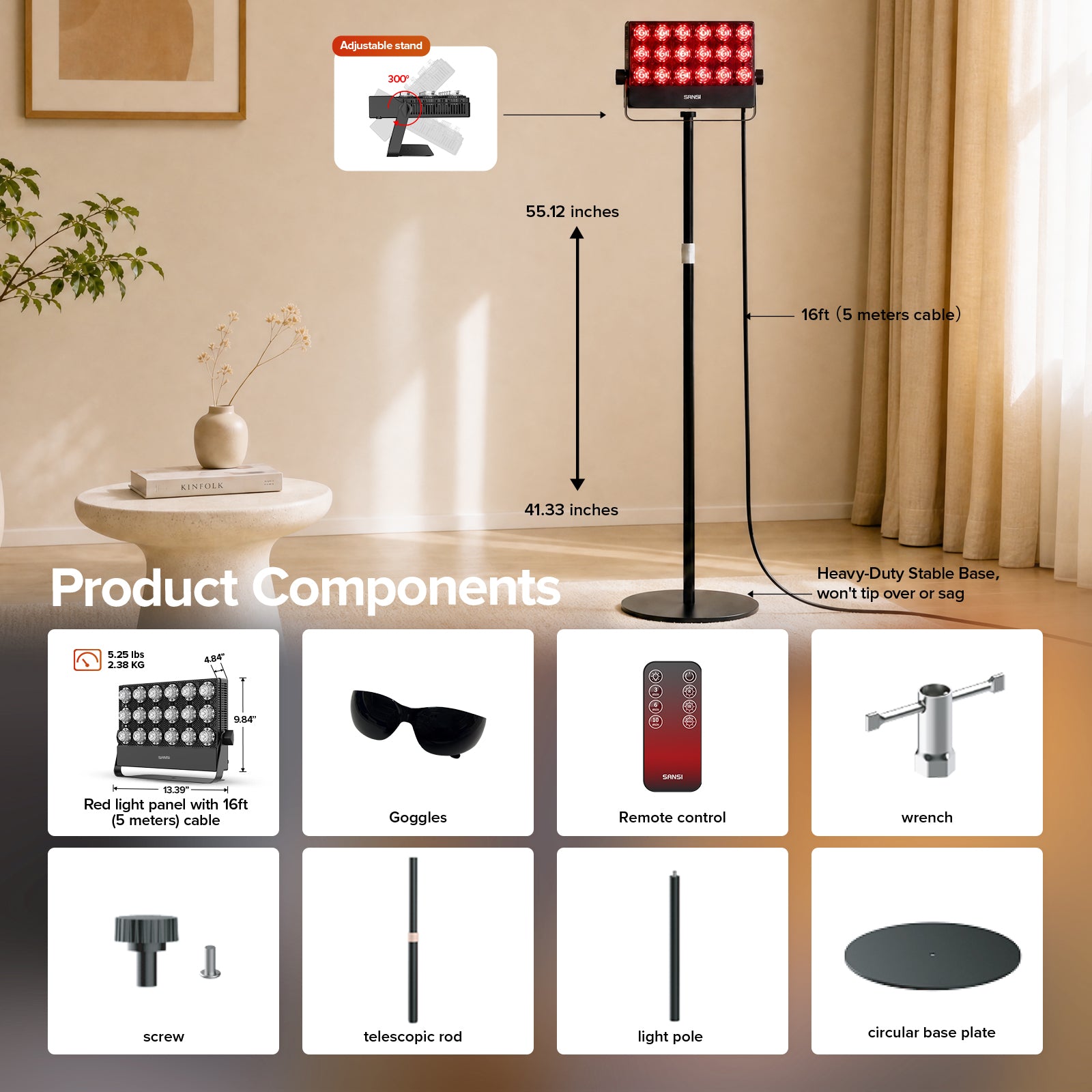 SANSI 80W Dual-Wavelength Red Light Therapy Panel with Adjustable Stand (US ONLY)