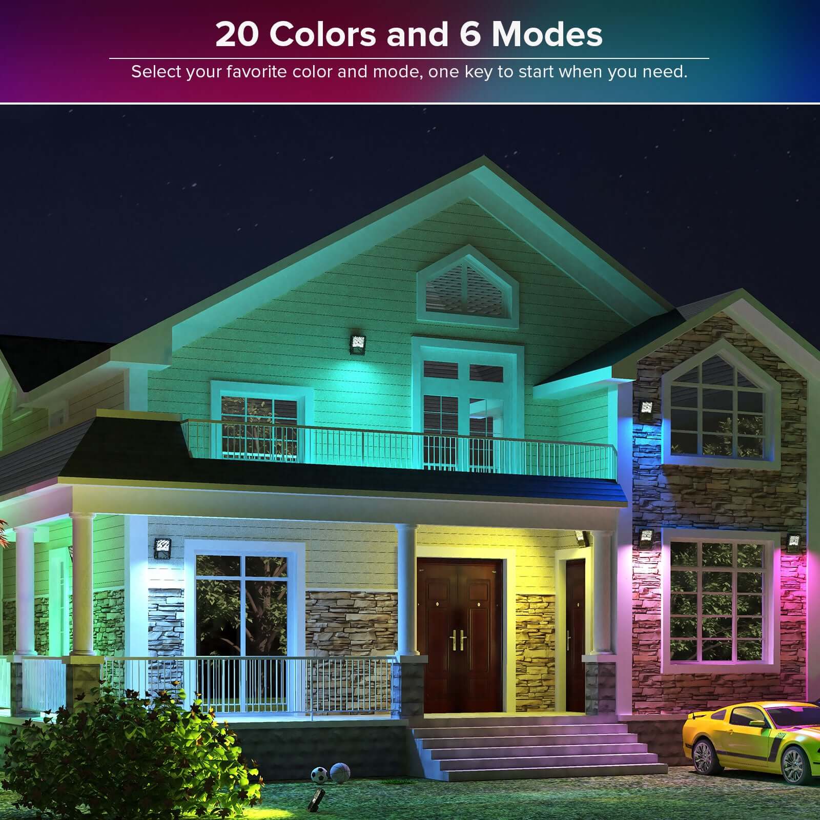 80W RGB Led Flood Light (US ONLY) has 20 Colors and 6 Modes,select your favorite color and mode, one key to start when you need.