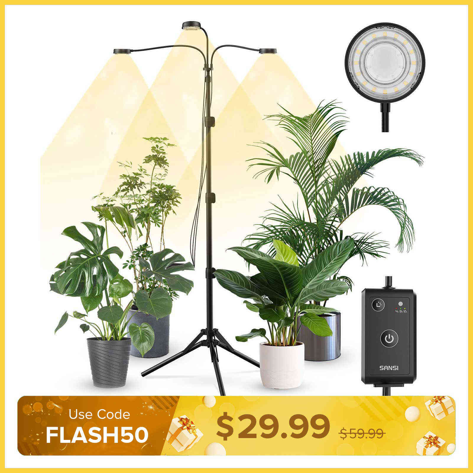 30W 3-Head Adjustable Tripod Stand Grow Light with Remote Control (US ONLY)