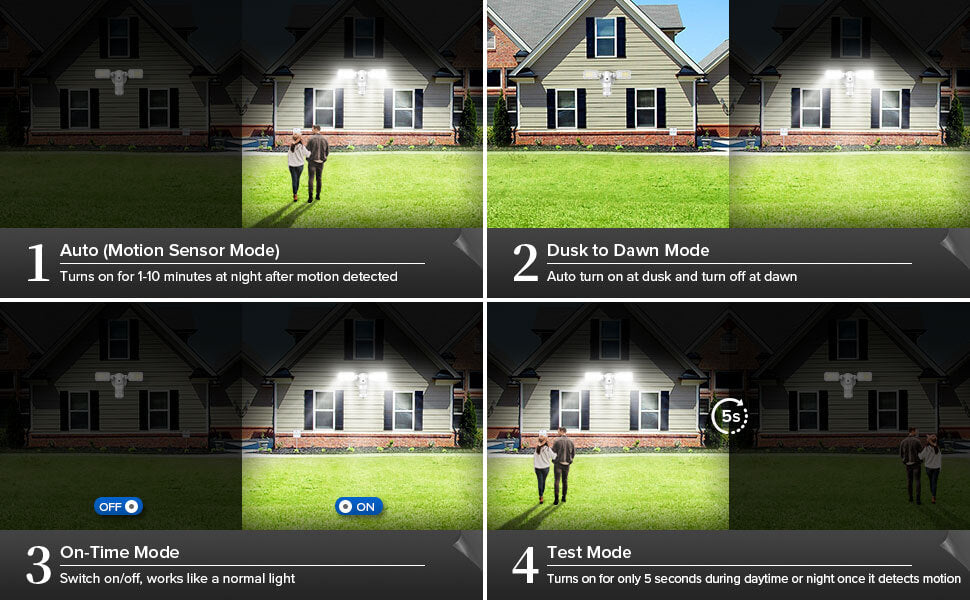 90W LED Security Light (Dusk to Dawn & Motion Sensor) has 4 modes, auto mode, dusk to dawn mode, on-time mode and test mode