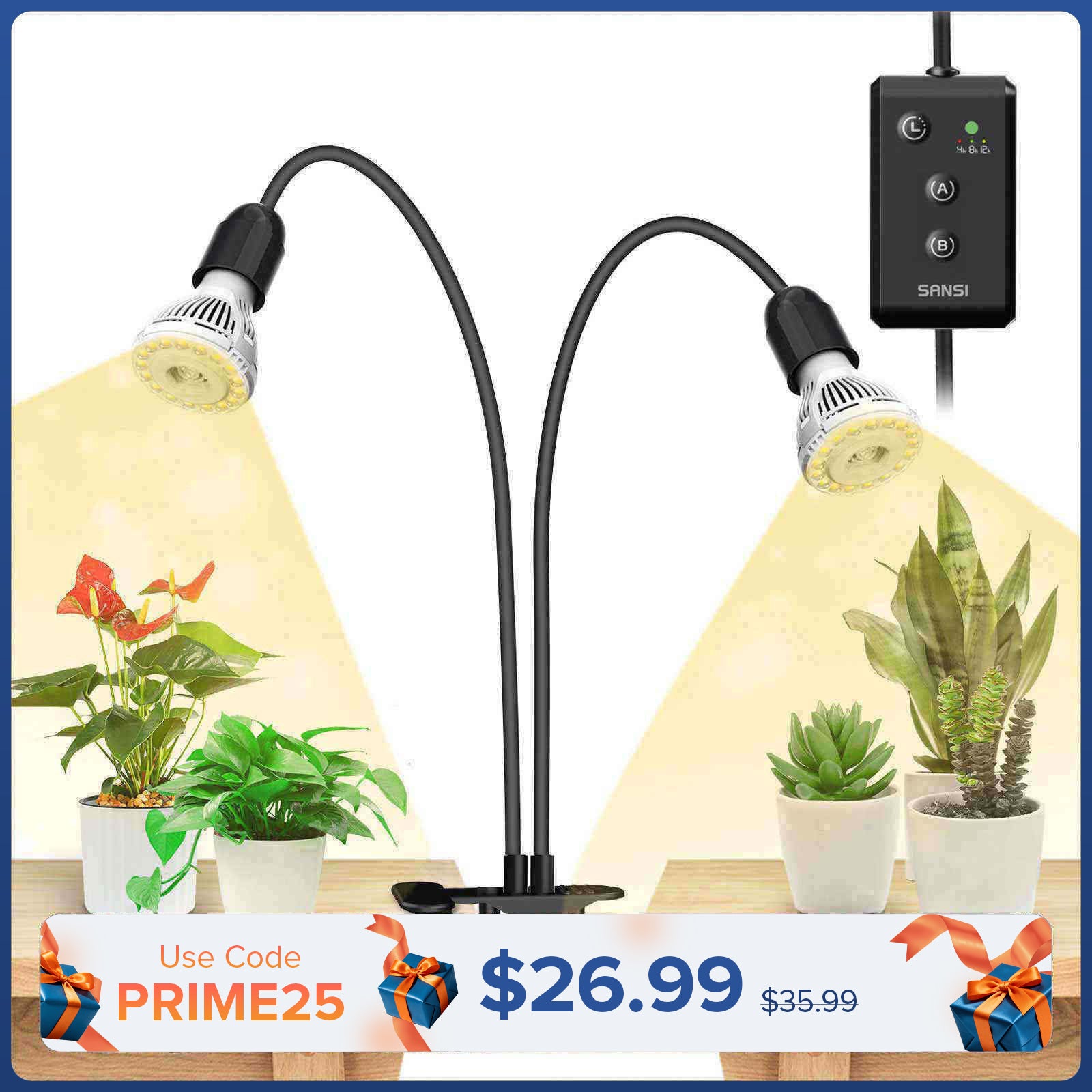 Lampada LED da coltivazione a clip regolabile a 2 teste da 20 W con timer