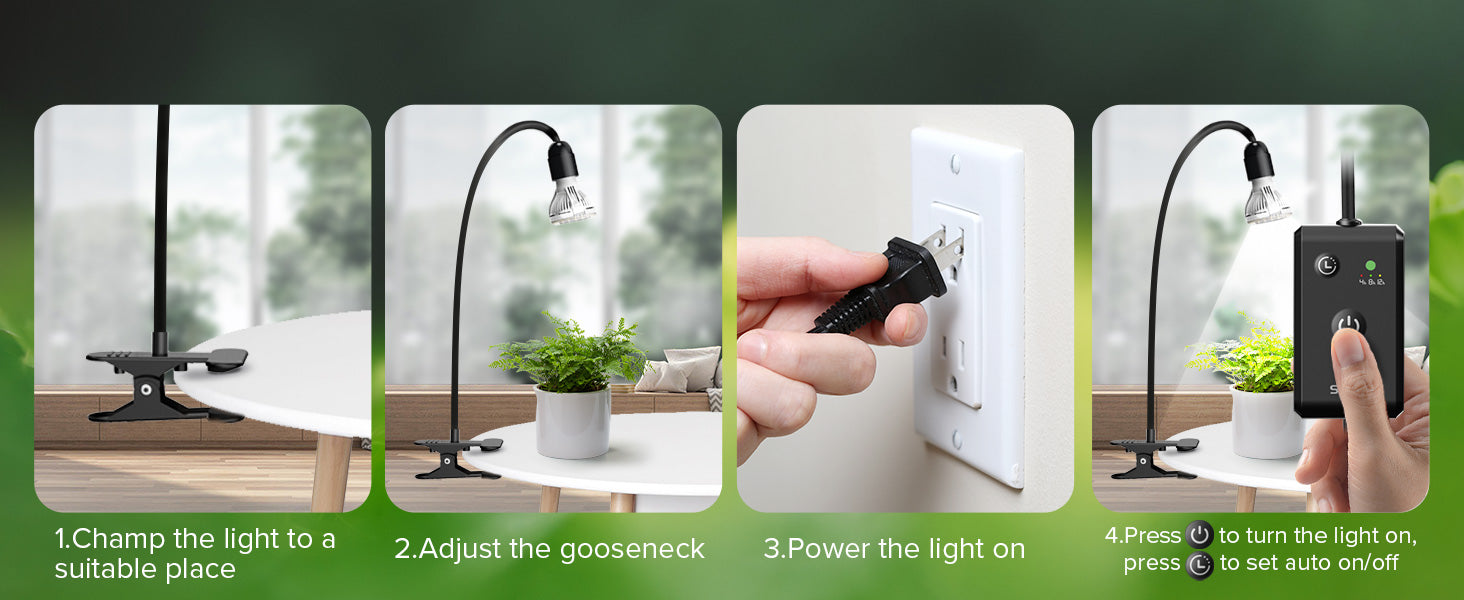 Lighting User guide:1.Champ the light to asuitable place 2.Adjust the gooseneck 3.Power the light on.