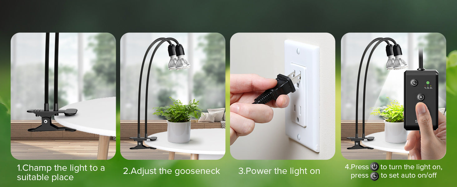Lighting User guide：1.Champ the light to asuitable place 2.Adjust the gooseneck 3.Power the light on.