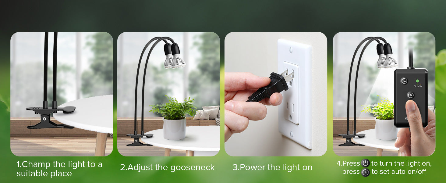 Lighting User guide:1.Champ the light to asuitable place 2.Adjust the gooseneck 3.Power the light on.