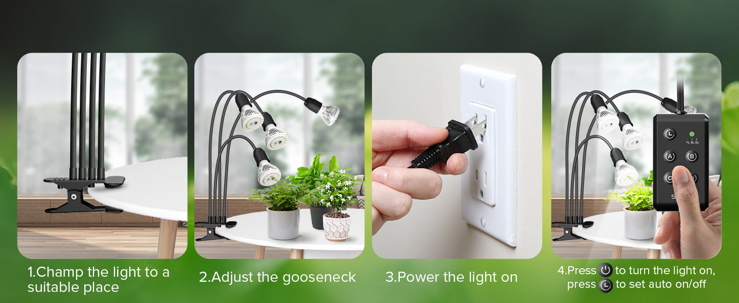 Installation Guide:1.Champ the light to asuitable place 2.Adjust the gooseneck 3.Power the light on 4.Press the button to turn the light on/off.