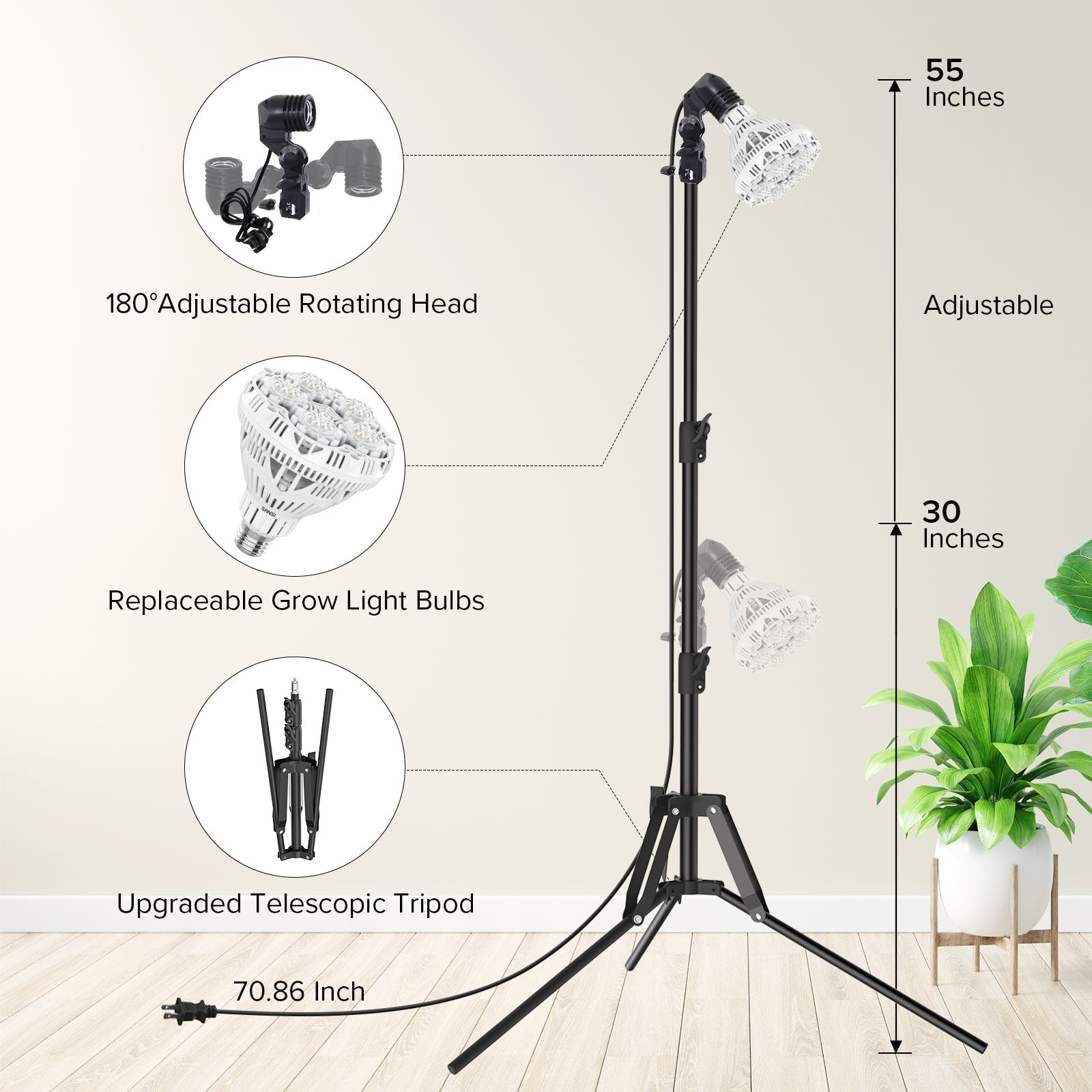 Adjustable grow light stand with features highlighted on a white background