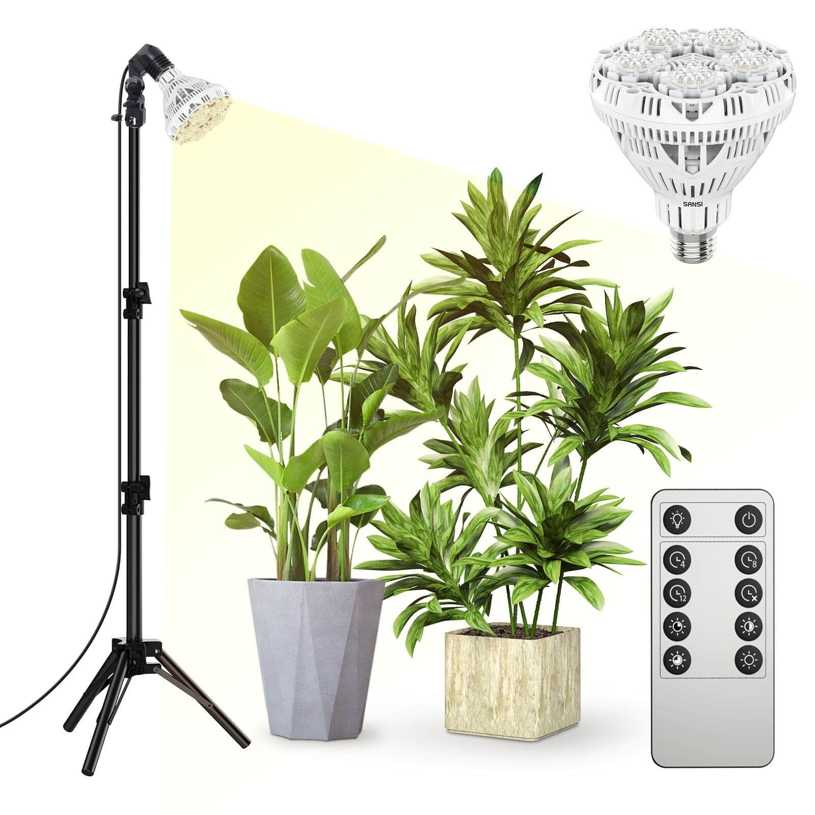 BR30 30W Adjustable Tripod Stand Grow Light with Remote Control, SANSI Grow Lights for Indoor Plants, Full Spectrum 600W Equivalent, Energy Efficient 30W Plant Lights for Indoor Growing, Adjustable Tripod Stand Grow Lights with Remote Control Auto Timer