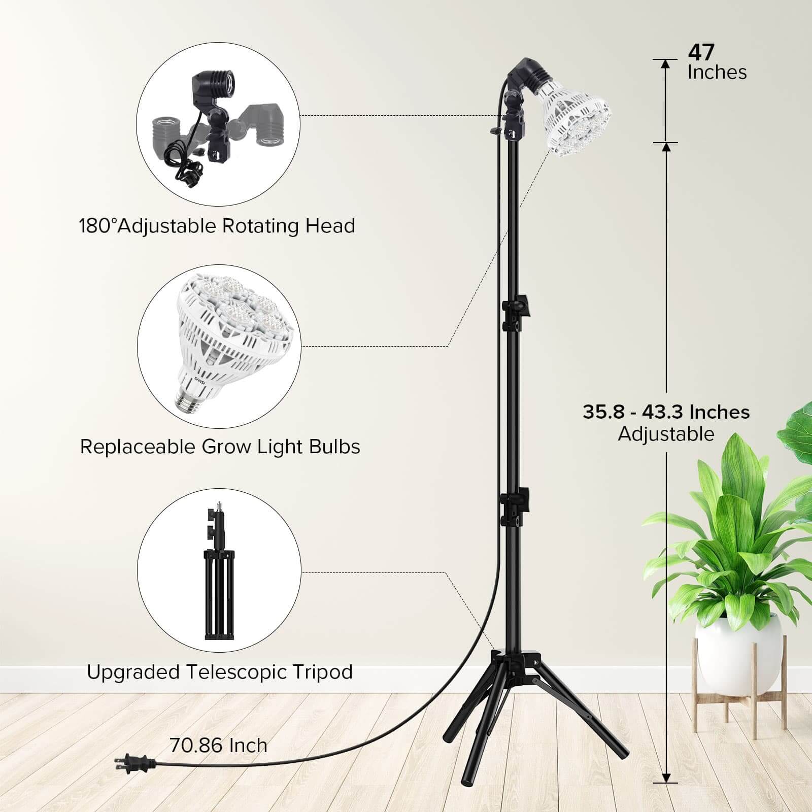 BR30 30W Adjustable Tripod Stand Grow Light with Remote Control, SANSI Grow Lights for Indoor Plants, Full Spectrum 600W Equivalent, Energy Efficient 30W Plant Lights for Indoor Growing, Adjustable Tripod Stand Grow Lights with Remote Control Auto Timer