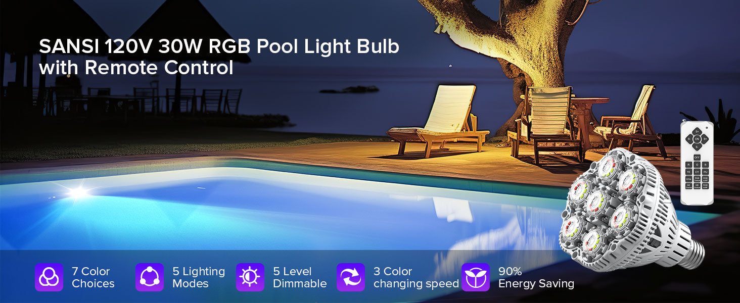 SANSI 120V BR30 30W RGB Pool Light Bulbwith Remote Control.