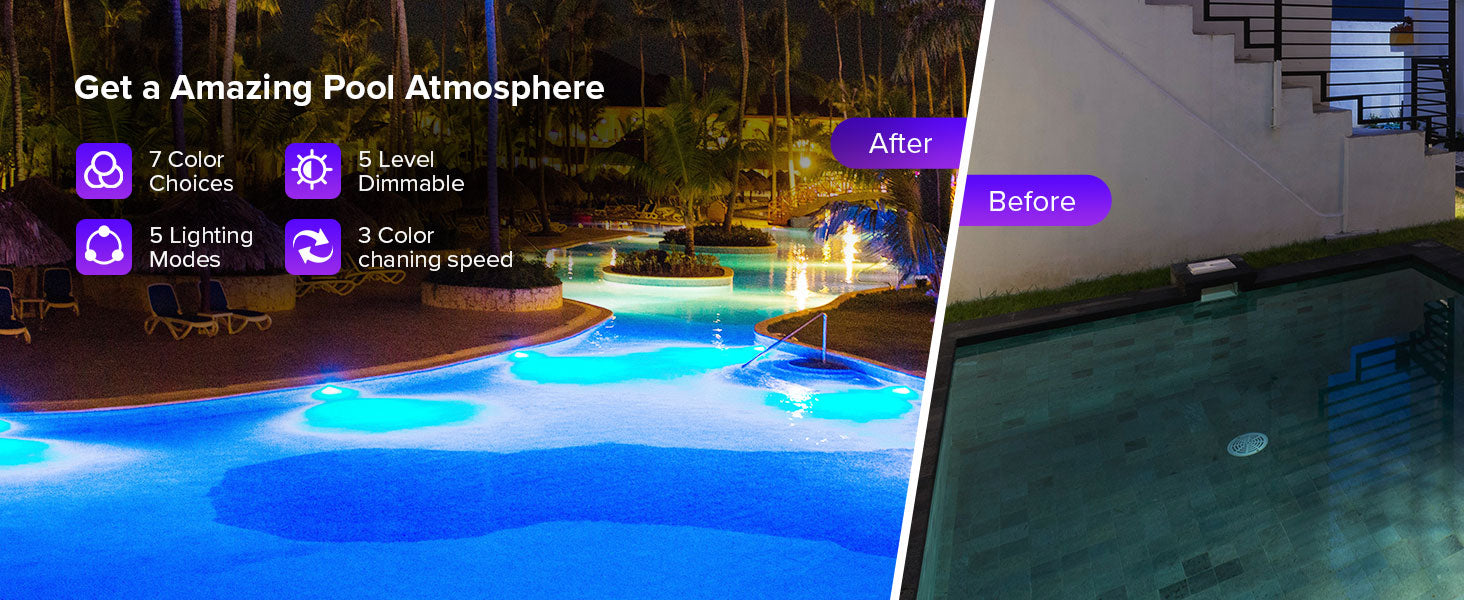 Get a Amazing Pool Atmosphere with BR30 30W LED RGB Pool Light Bulb, 7 Color Choices, 5 Lighting Modes, 5 Level Dimmable and 3 Color changing speed.