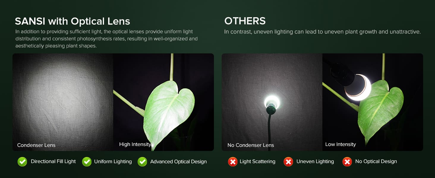 BR30 36W LED Grow Light Bulb with Optical Lens, in addition to providing sufficient light, the optical lenses provide uniform light distribution and consistent photosynthesis rates, resulting in well organized and aesthetically pleasing plant shapes.