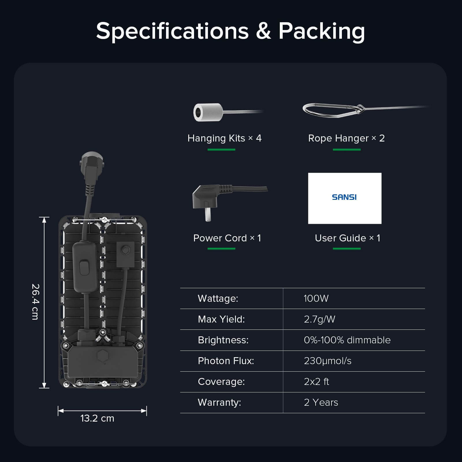Specifications & Packing of Dimmable 100W LED Grow Light.